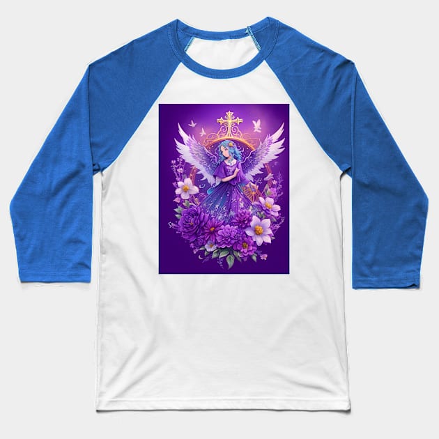 Purple Angel Under Gold Cross Baseball T-Shirt by MiracleROLart